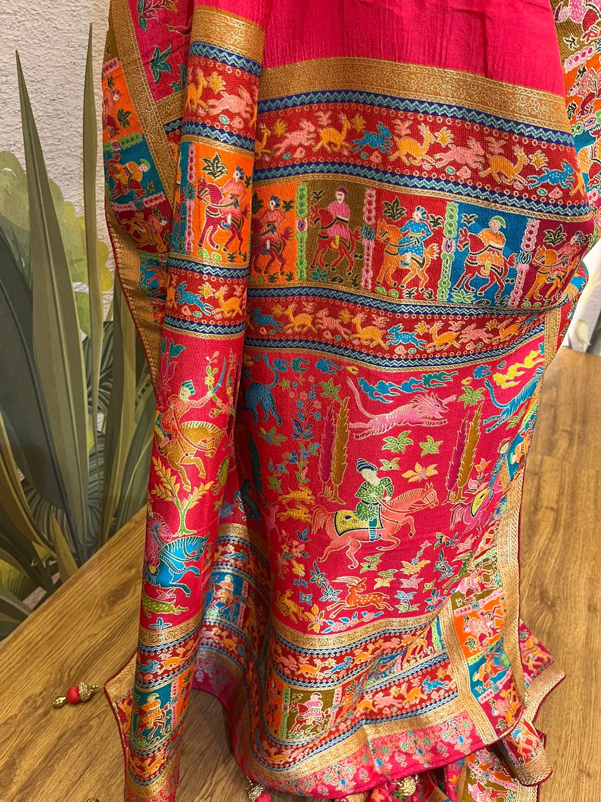 A pink colored Dola silk saree with pashmina styled weaving (MCJUN102)