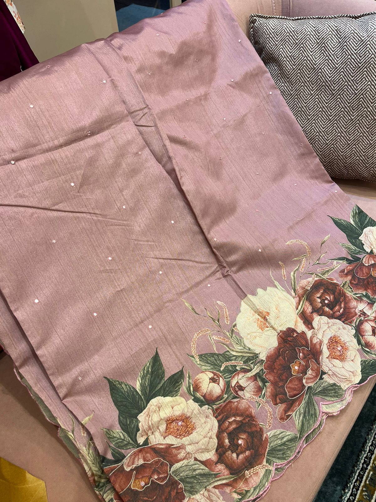 An onion pink colored semi tussar saree with big floral prints (MCSEP119)