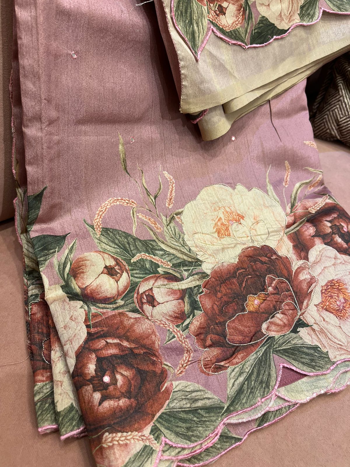 An onion pink colored semi tussar saree with big floral prints (MCSEP119)
