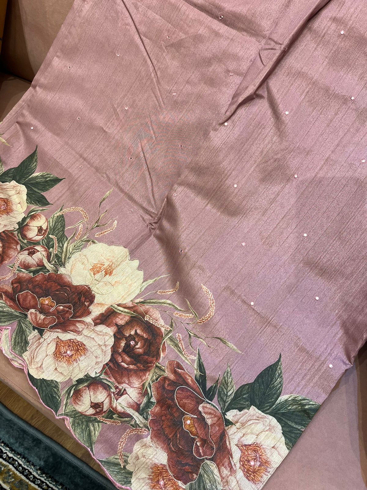 An onion pink colored semi tussar saree with big floral prints (MCSEP119)