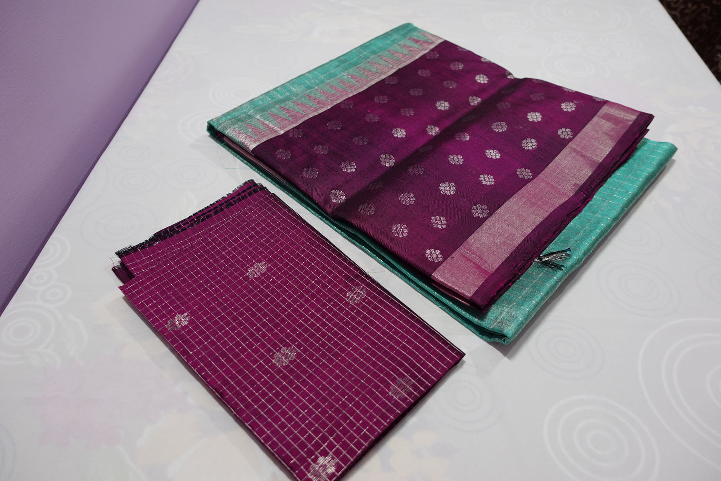 A double tissue peach green colored kuppadam silk saree (VKG00032)