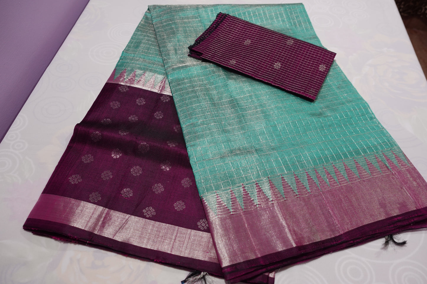 A double tissue peach green colored kuppadam silk saree (VKG00032)