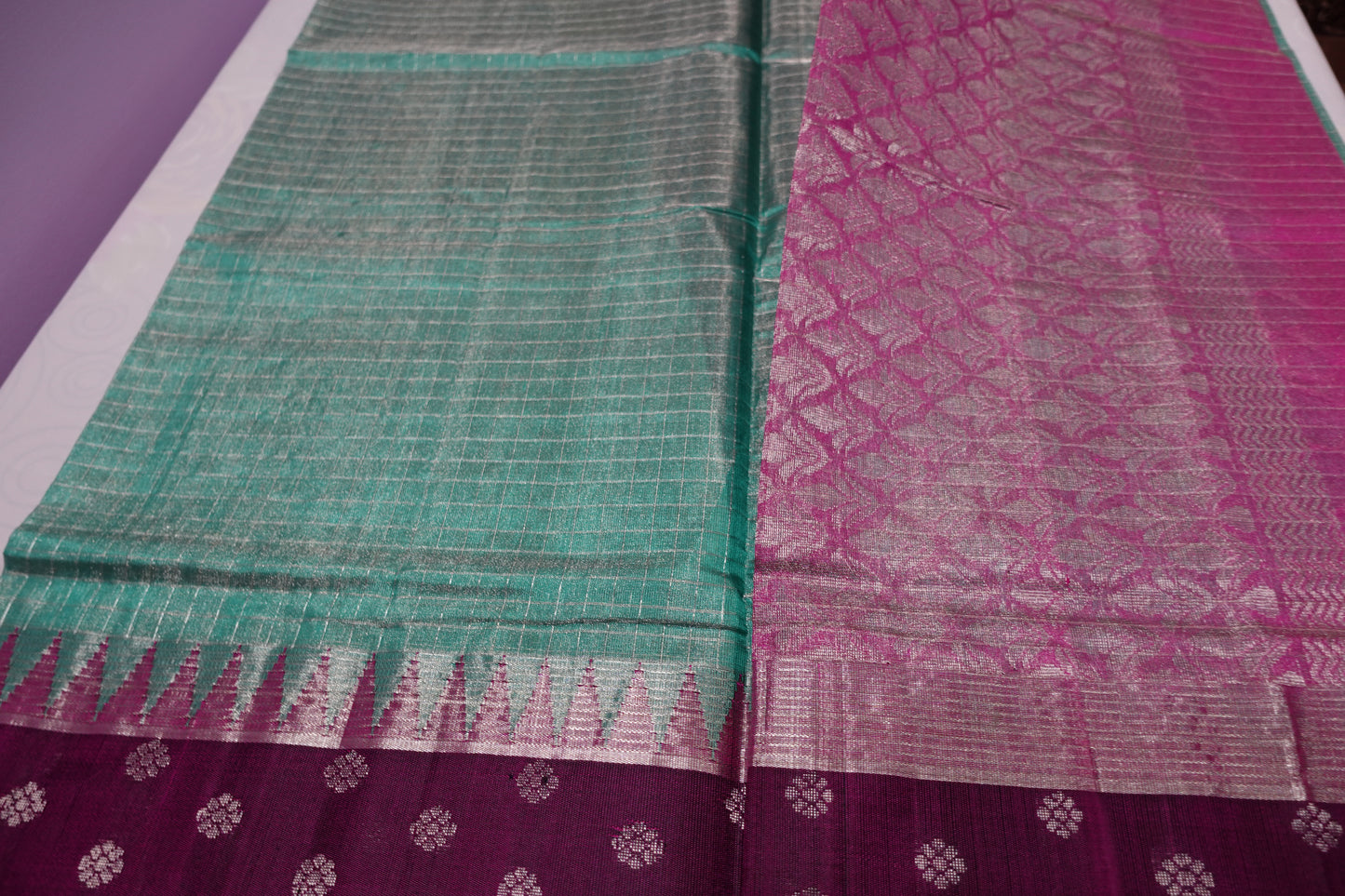 A double tissue peach green colored kuppadam silk saree (VKG00032)