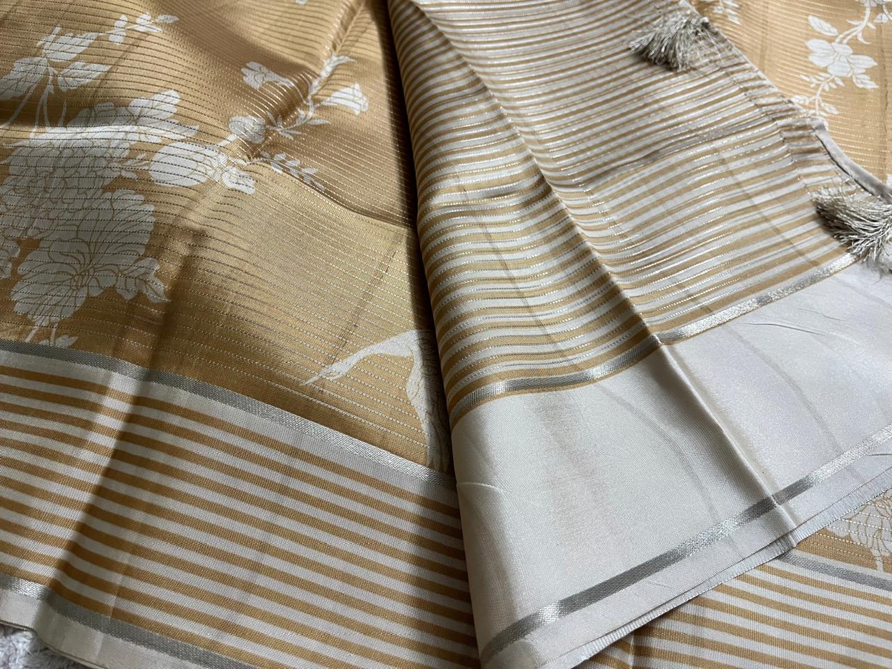 Elegant Biscuit Satin Floral Saree