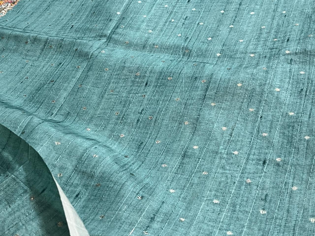 Thread Embroidered Teal Tussar Saree