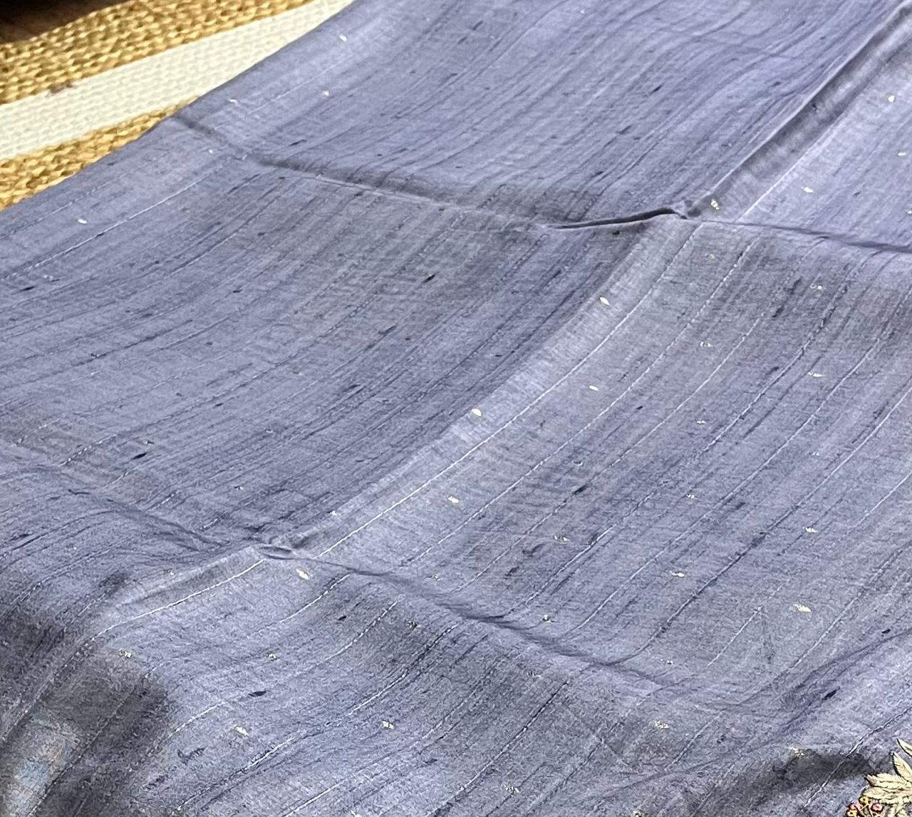 Thread Embroidered Cement Tussar Saree
