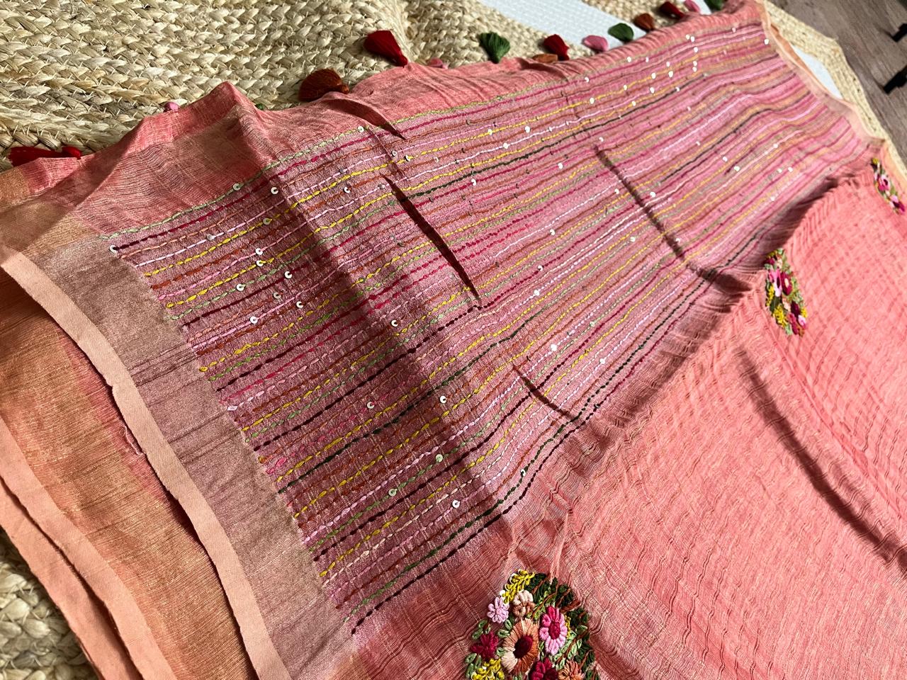 Peach Saree with French Knots