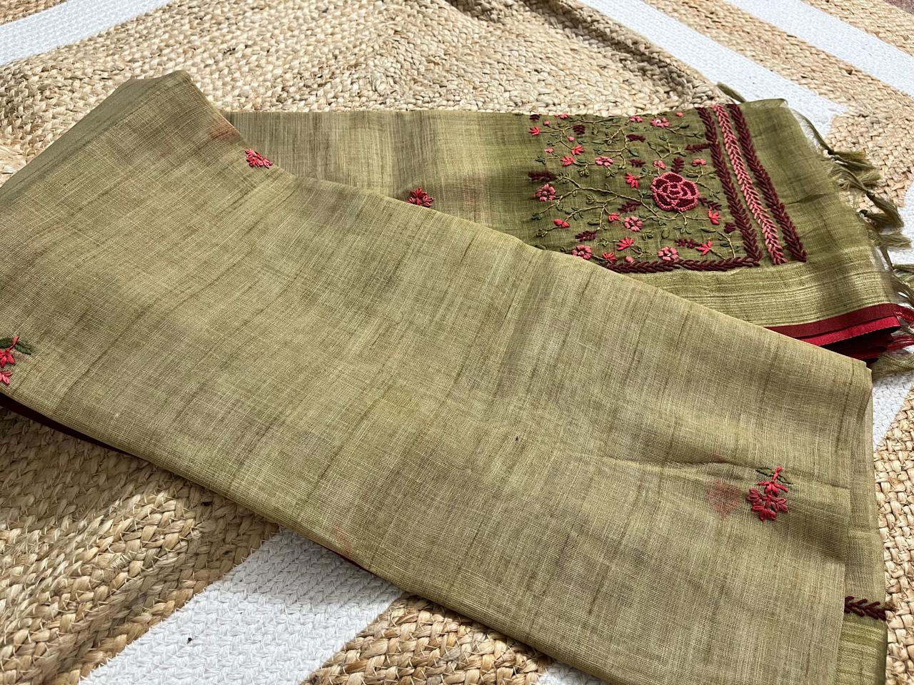 Parrot Green Linen Tissue Saree