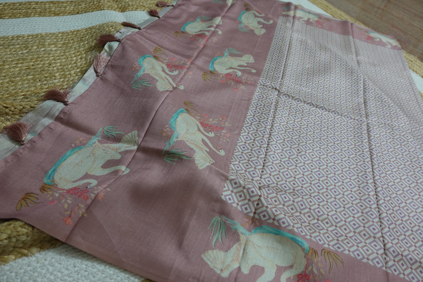 Pastel Pink Saree with Swan Borders