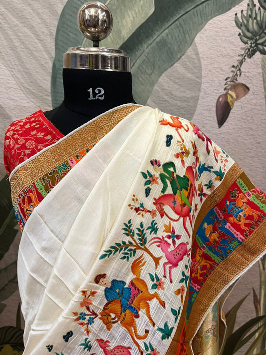 A half-white Dola silk saree with pashmina styled weaving (MCJUN101)