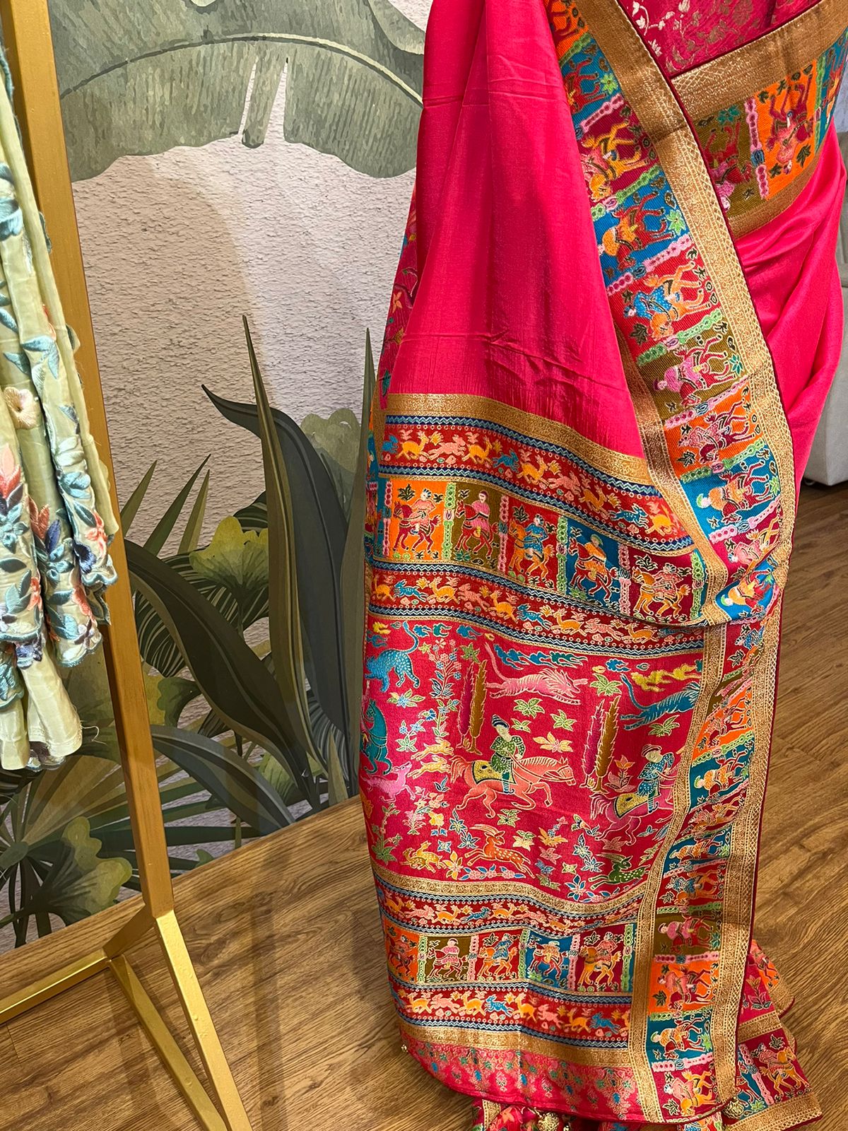 A pink colored Dola silk saree with pashmina styled weaving (MCJUN102)