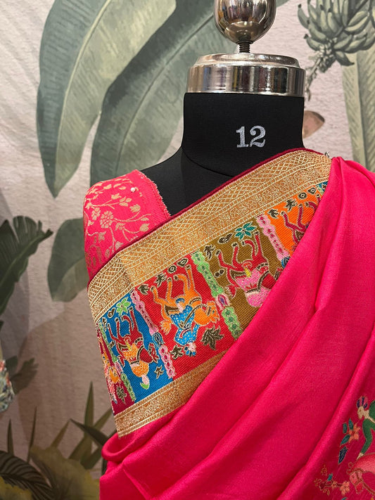A pink colored Dola silk saree with pashmina styled weaving (MCJUN102)