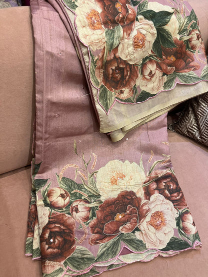 An onion pink colored semi tussar saree with big floral prints (MCSEP119)