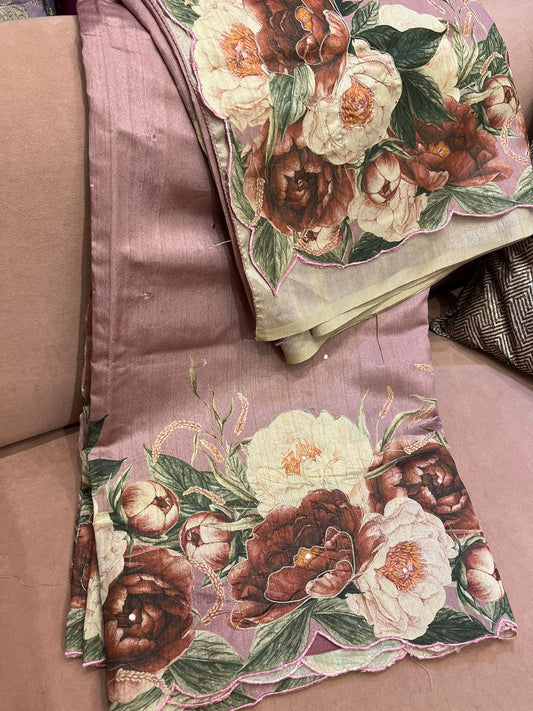 An onion pink colored semi tussar saree with big floral prints (MCSEP119)