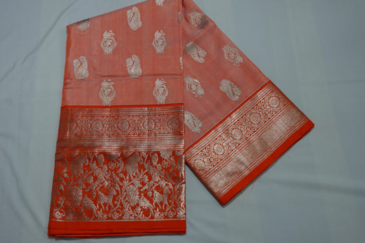 A beautiful baby pink and orange color border Venkatagiri silk saree (VKG00007)