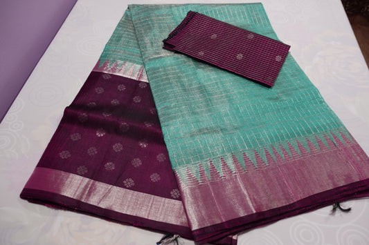 A double tissue peach green colored kuppadam silk saree (VKG00032)