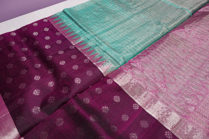 A double tissue peach green colored kuppadam silk saree (VKG00032)