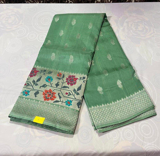 Pastel green colored Tussar georgette with paithani themed border (SVB00001f)