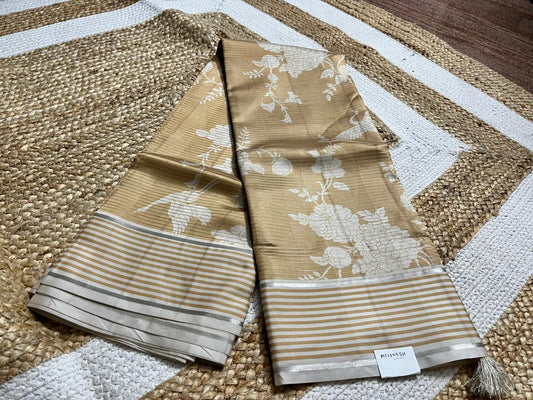 Elegant Biscuit Satin Floral Saree