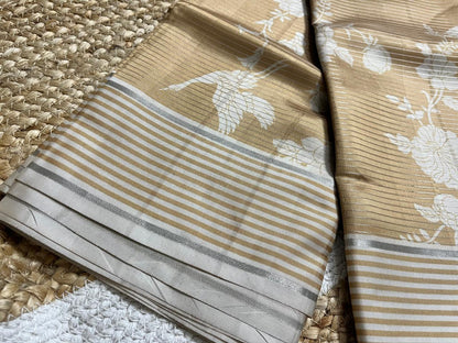 Elegant Biscuit Satin Floral Saree