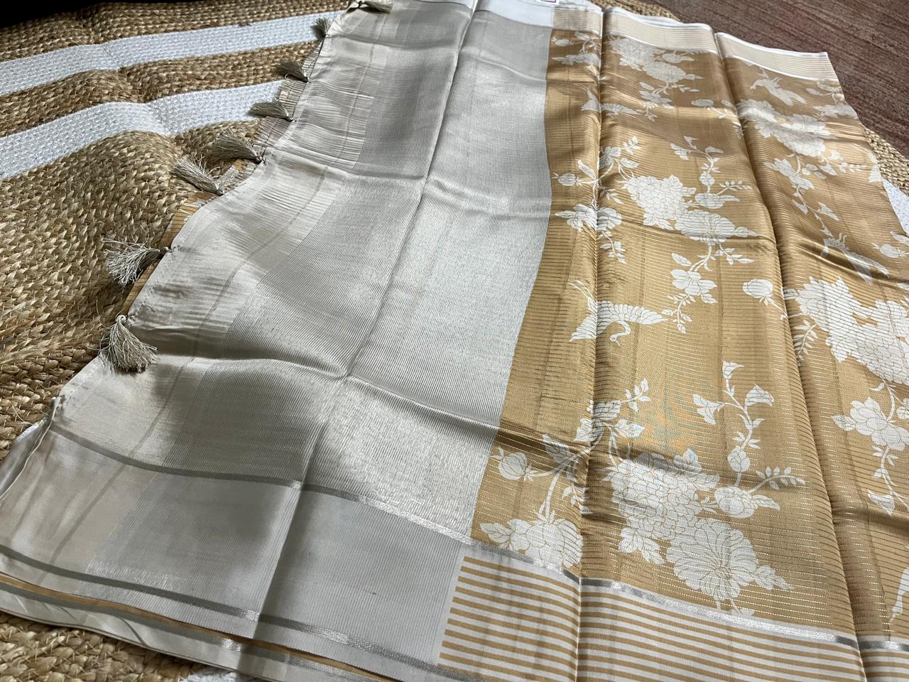 Elegant Biscuit Satin Floral Saree