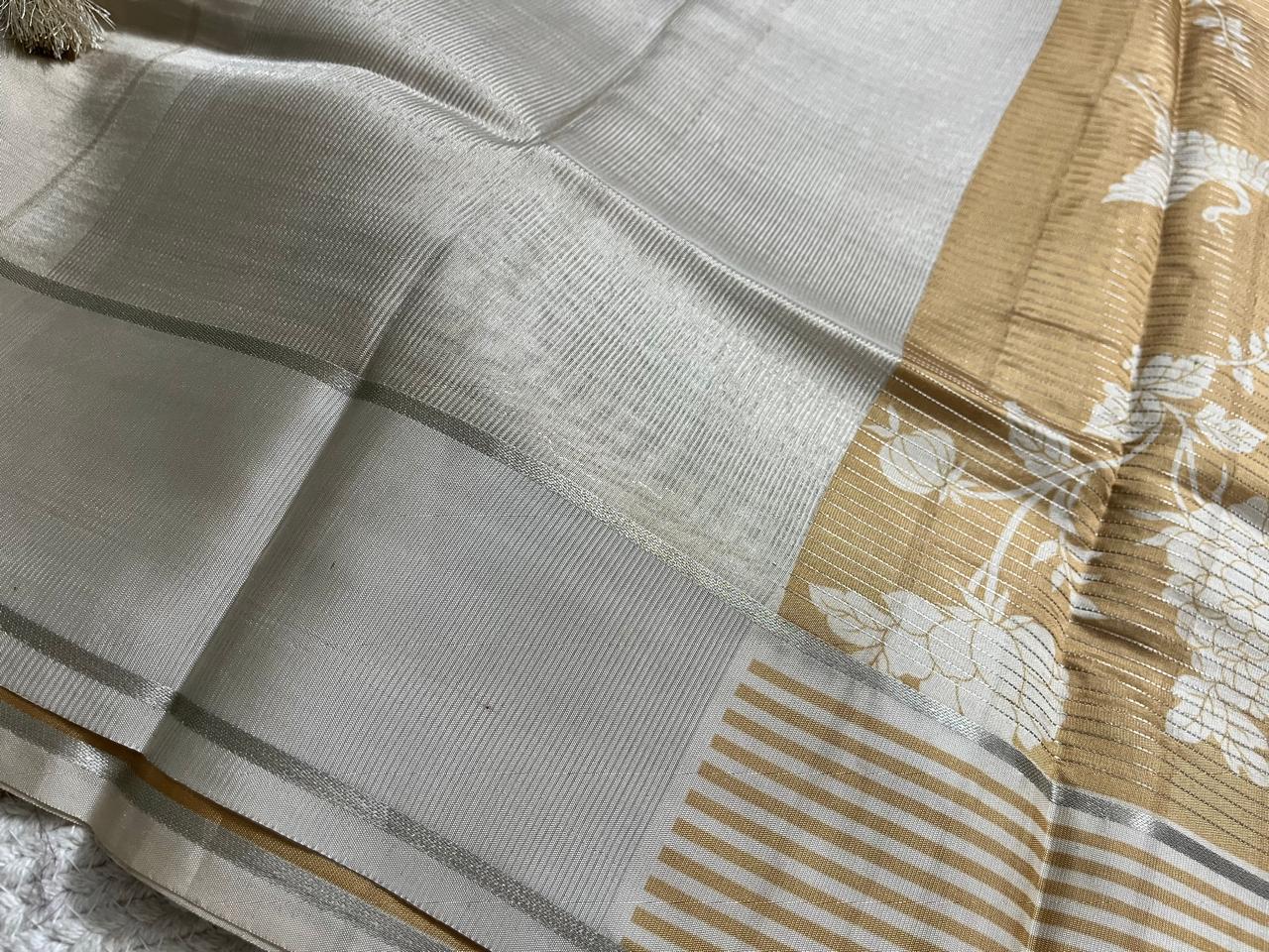 Elegant Biscuit Satin Floral Saree