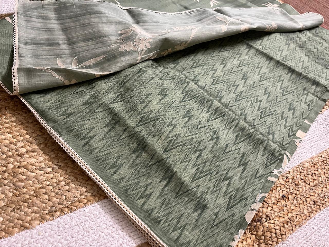 Green Semi-Tussar Saree with Creeper Design