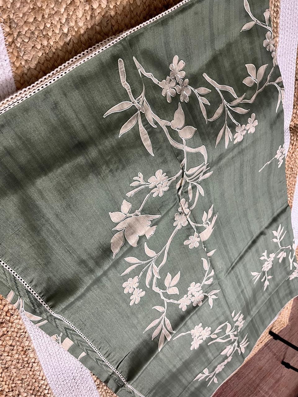Green Semi-Tussar Saree with Creeper Design