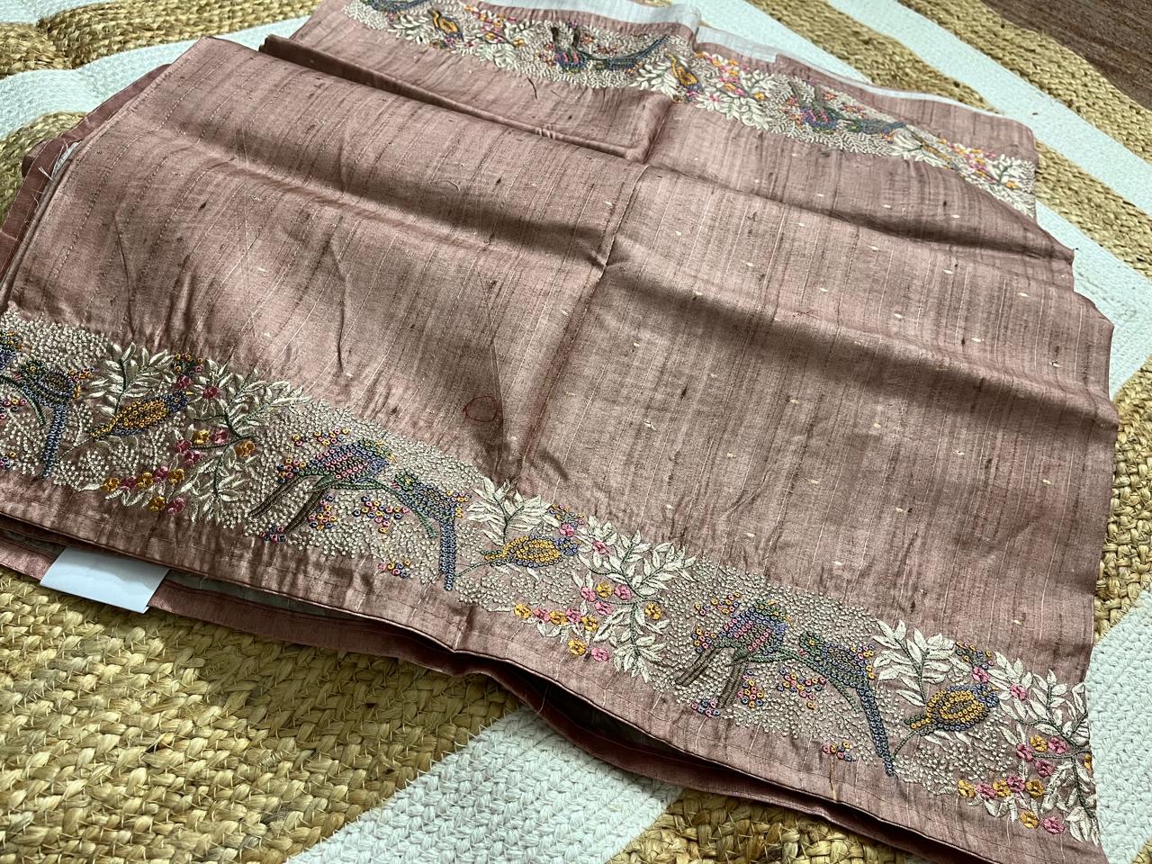 Thread Embroidered Brown Tussar Saree