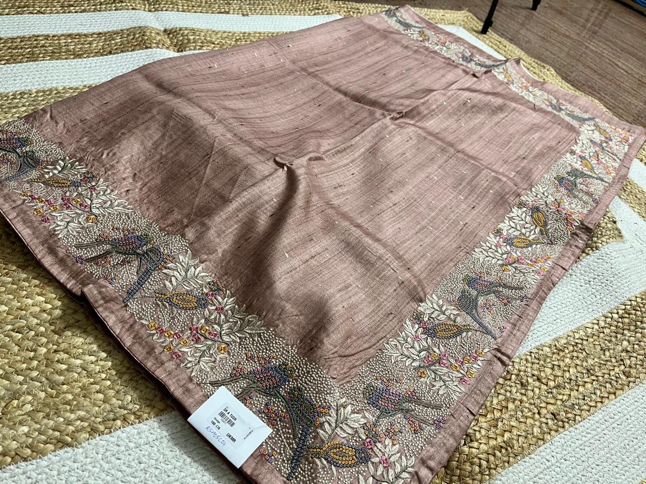 Thread Embroidered Brown Tussar Saree