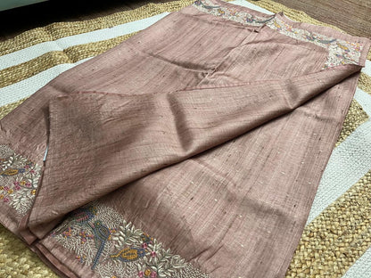 Thread Embroidered Brown Tussar Saree