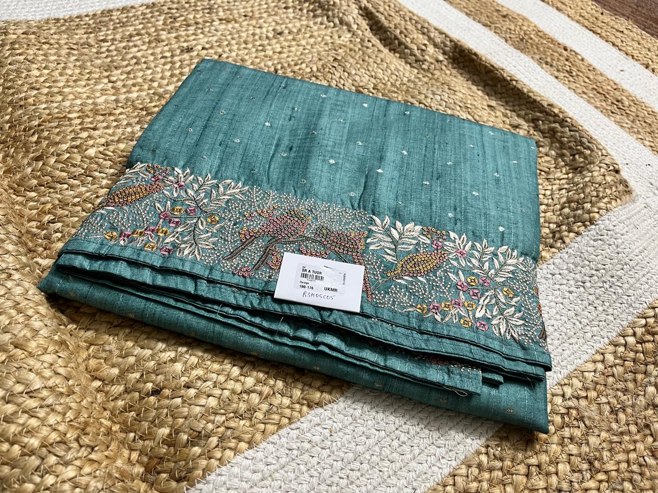 Thread Embroidered Teal Tussar Saree