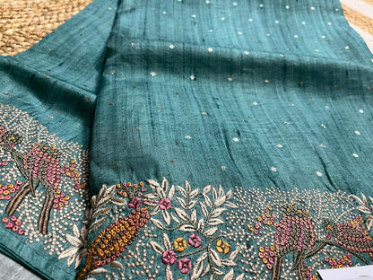 Thread Embroidered Teal Tussar Saree