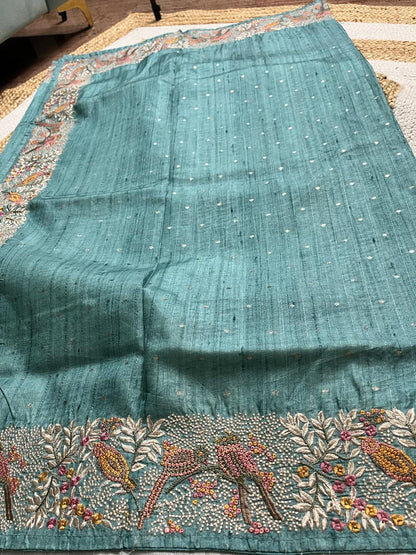 Thread Embroidered Teal Tussar Saree
