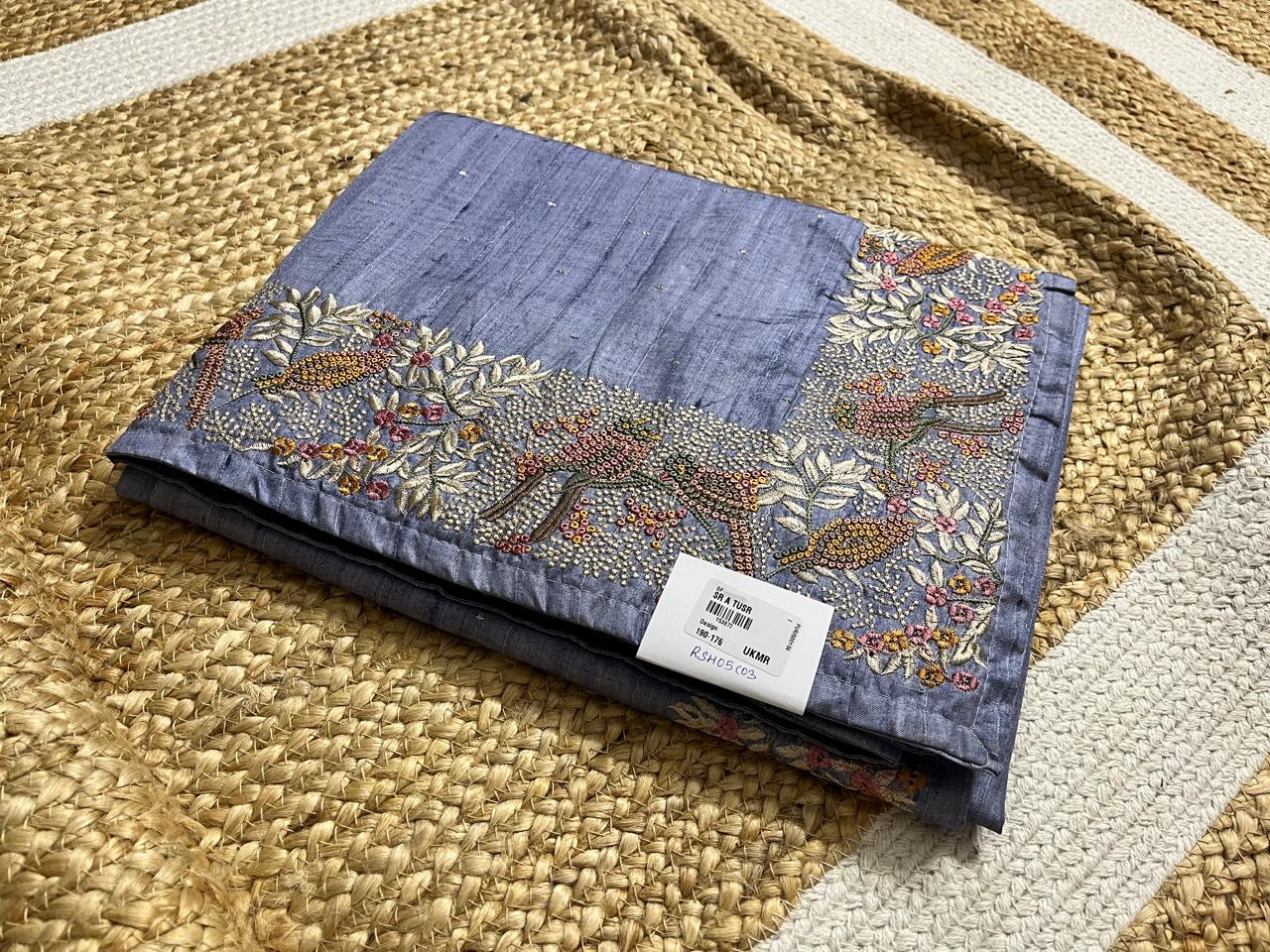 Thread Embroidered Cement Tussar Saree
