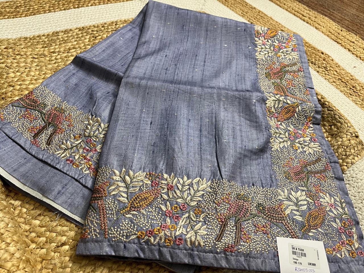 Thread Embroidered Cement Tussar Saree