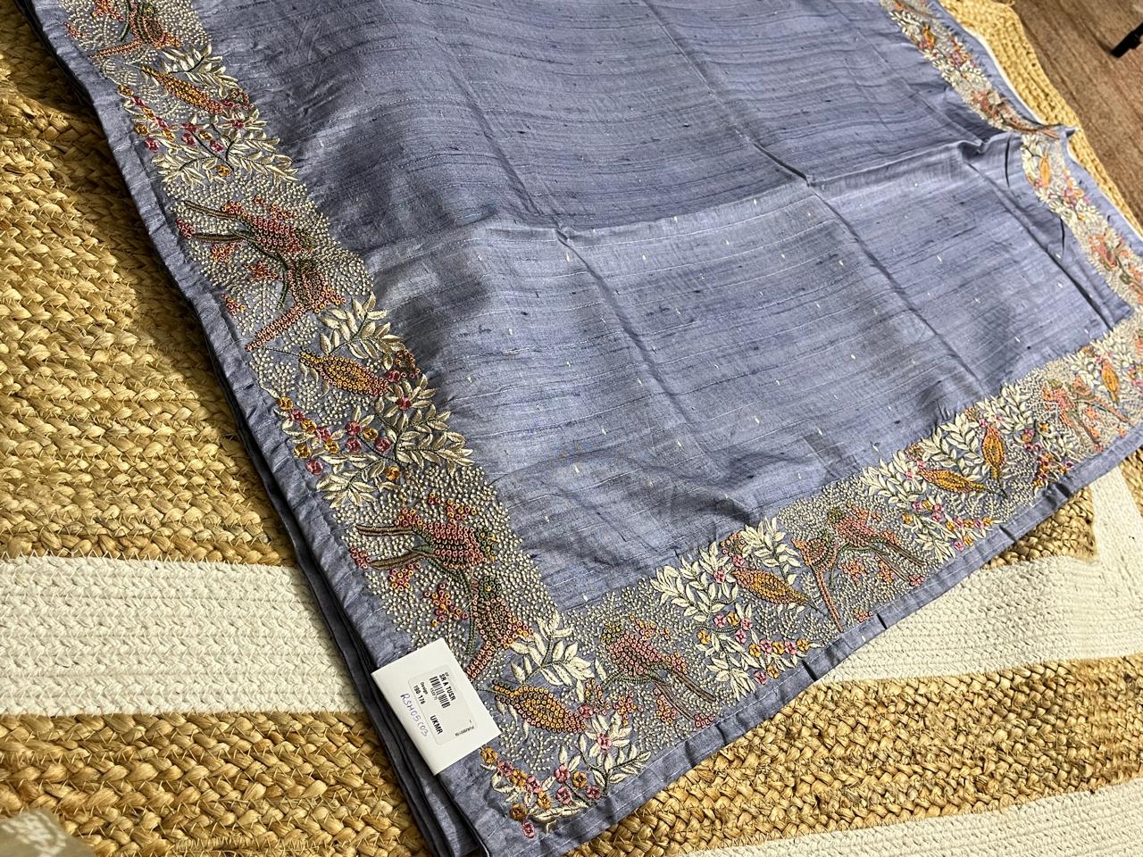 Thread Embroidered Cement Tussar Saree