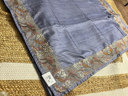 Thread Embroidered Cement Tussar Saree
