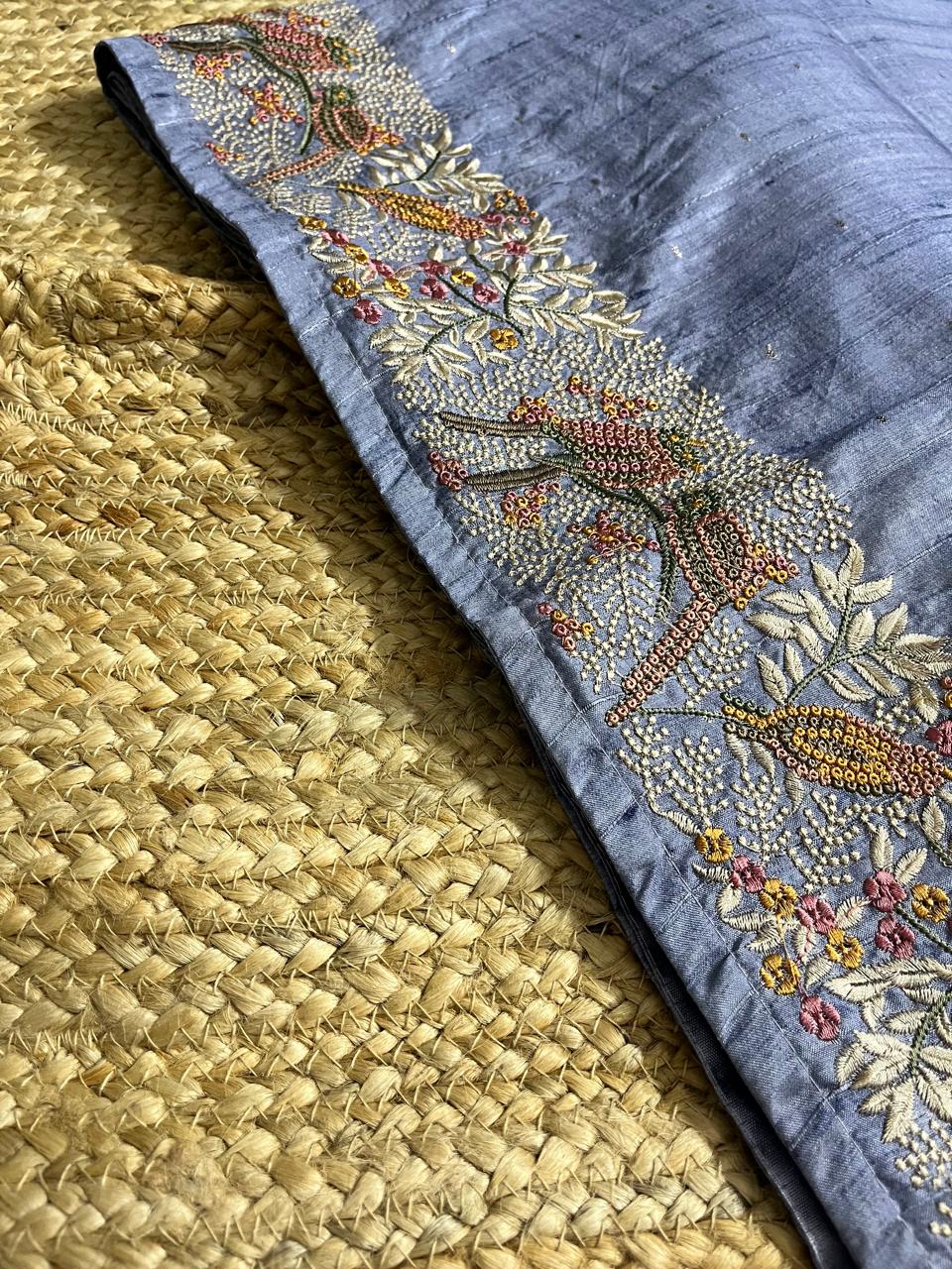 Thread Embroidered Cement Tussar Saree