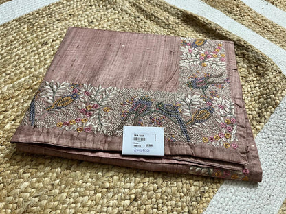 Thread Embroidered Brown Tussar Saree