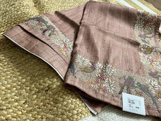 Thread Embroidered Brown Tussar Saree