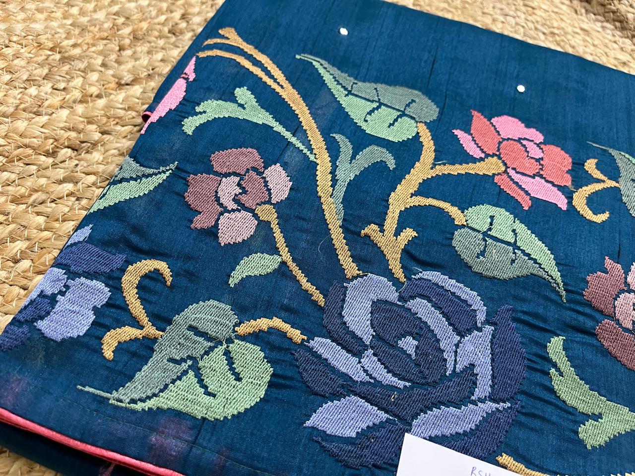 Peacock Blue Semi-Tussar Saree – Heavy Embroidered Borders