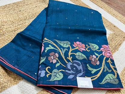 Peacock Blue Semi-Tussar Saree – Heavy Embroidered Borders