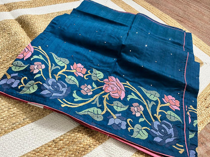 Peacock Blue Semi-Tussar Saree – Heavy Embroidered Borders