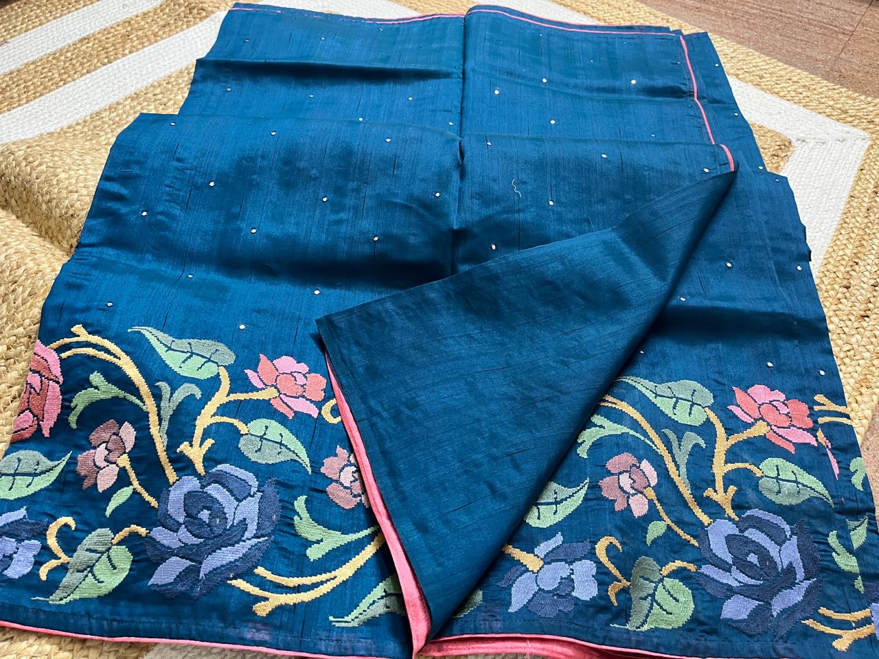 Peacock Blue Semi-Tussar Saree – Heavy Embroidered Borders