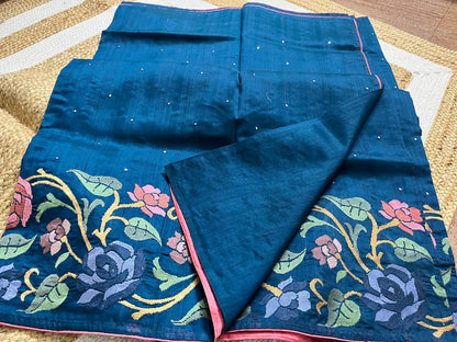 Peacock Blue Semi-Tussar Saree – Heavy Embroidered Borders
