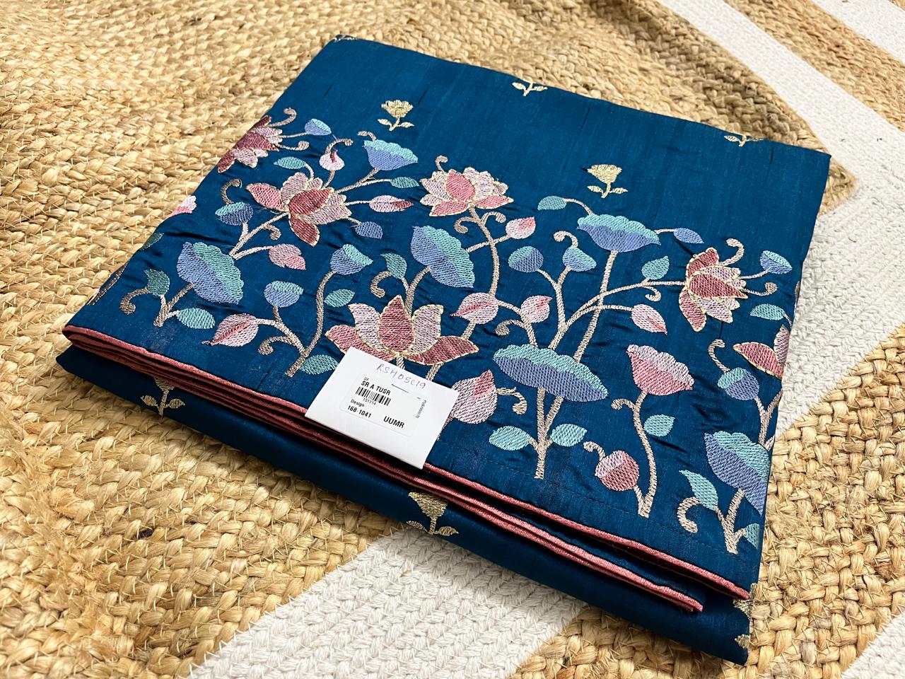 Peacock Blue Tussar Saree with Embroidery