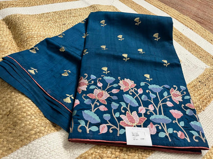 Peacock Blue Tussar Saree with Embroidery