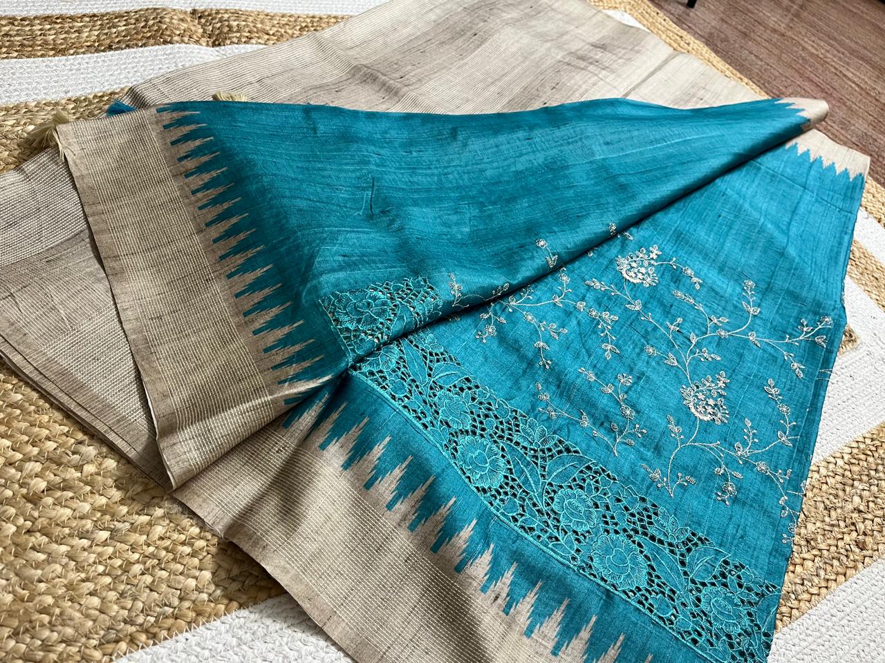 Sky Blue Saree with Beige Embroidery