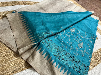 Sky Blue Saree with Beige Embroidery